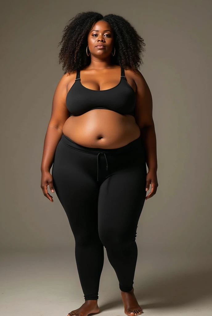 A Extremely thick and curvy african goddess with huge thick thighs and large legs and very wide hips and small stomach and large breasts with yoga pants on and a bra on