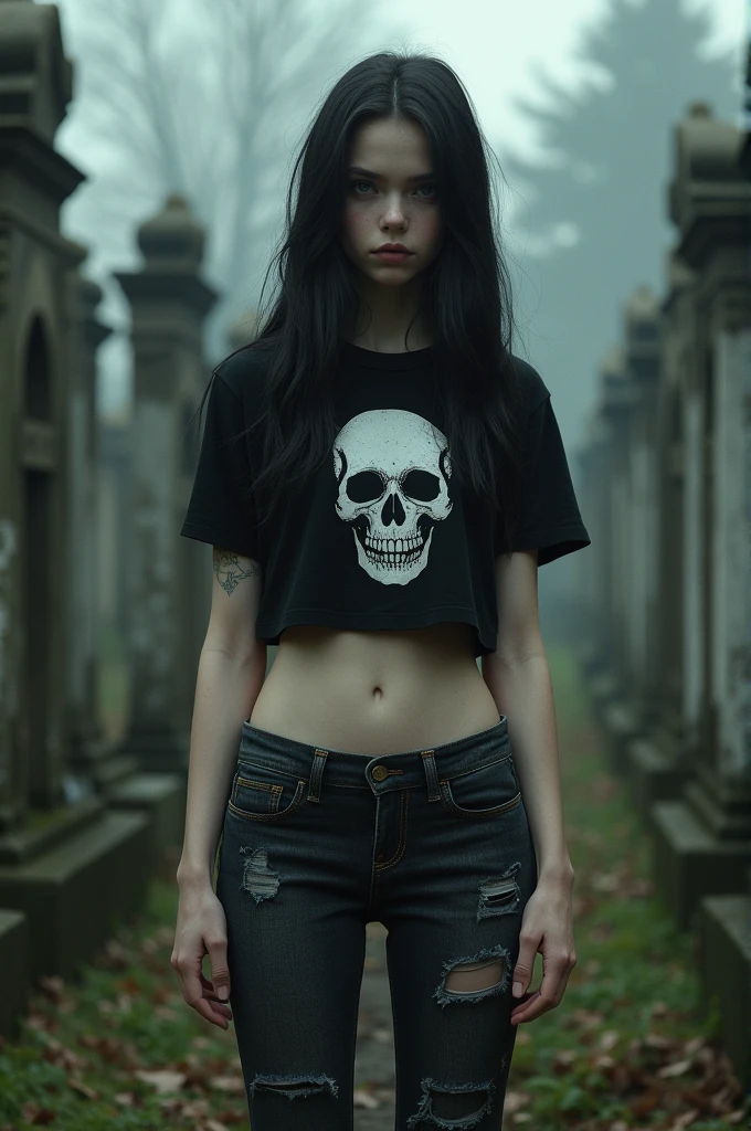 Young goth, wearing a black crop top with a skull design and jeans, in the background a cemetery