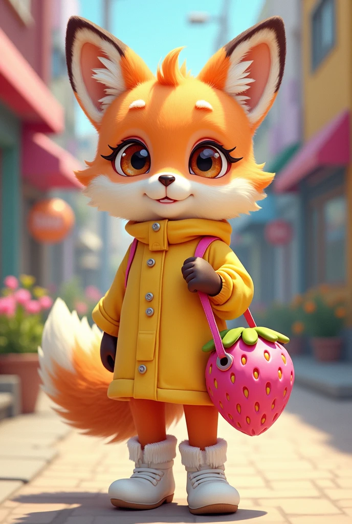 Create a cute fox, with a yellow dress and white boots that look like rabbit's feet, and she carries a pink shoulder bag that looks like a strawberry, kpop