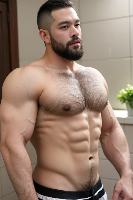 ((best quality)), ((masterpiece)), (detailed), perfect big detailed hairy plump muscle man in bath , beard, dark skin color, skinhead, Japanese men, 