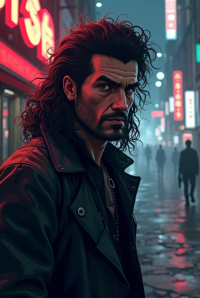 Character from an assassin video game , The character who has a mullet cut and curly hair and is a man who looks like old pixelated video game graphics
