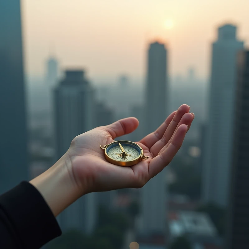 create A female hand holding a compass in a modern urban environment. The background could be a city at dawn, suggesting new possibilities and paths. The color palette may include shades of gray, blue and a light touch of gold.