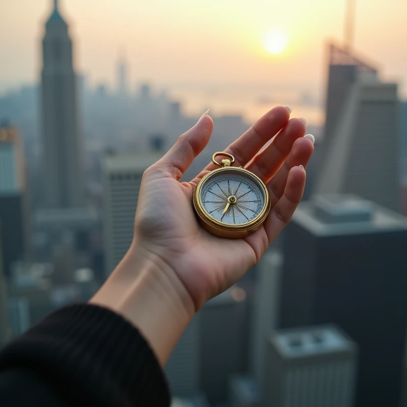 create A female hand holding a compass in a modern urban environment. The background could be a city at dawn, suggesting new possibilities and paths. The color palette may include shades of gray, blue and a light touch of gold.