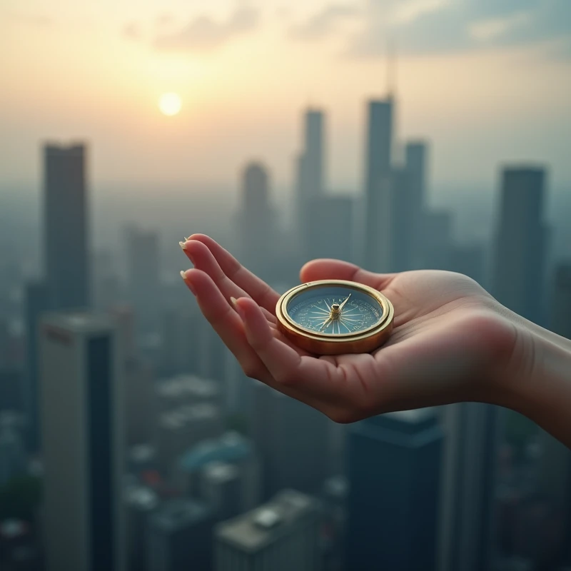 create A female hand holding a compass in a modern urban environment. The background could be a city at dawn, suggesting new possibilities and paths. The color palette may include shades of gray, blue and a light touch of gold.