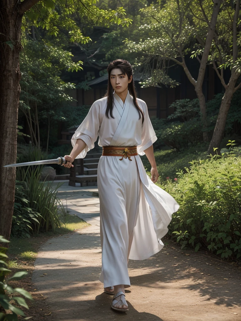 wuxia, best quality, 8k, very delicate and beautiful, highly detailed face and skin texture, shiny skin, high resolution, long hair chinese male swordsman wearing chinese traditional costume with sword at forest, full body, sharp focus