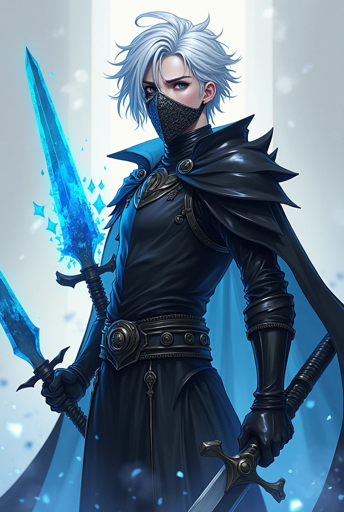 An anime character who is a magic knight, half ice and half shadows, on your face half a mask of bones White hair and half a mask of bones Show half of your face with a lumberjack beard Looking like a 17 year old, 
The mask only on the left side Only white hair and black beard Remove the beard Full body image Wearing black armor, and in each hand a sword of ice and a black one
