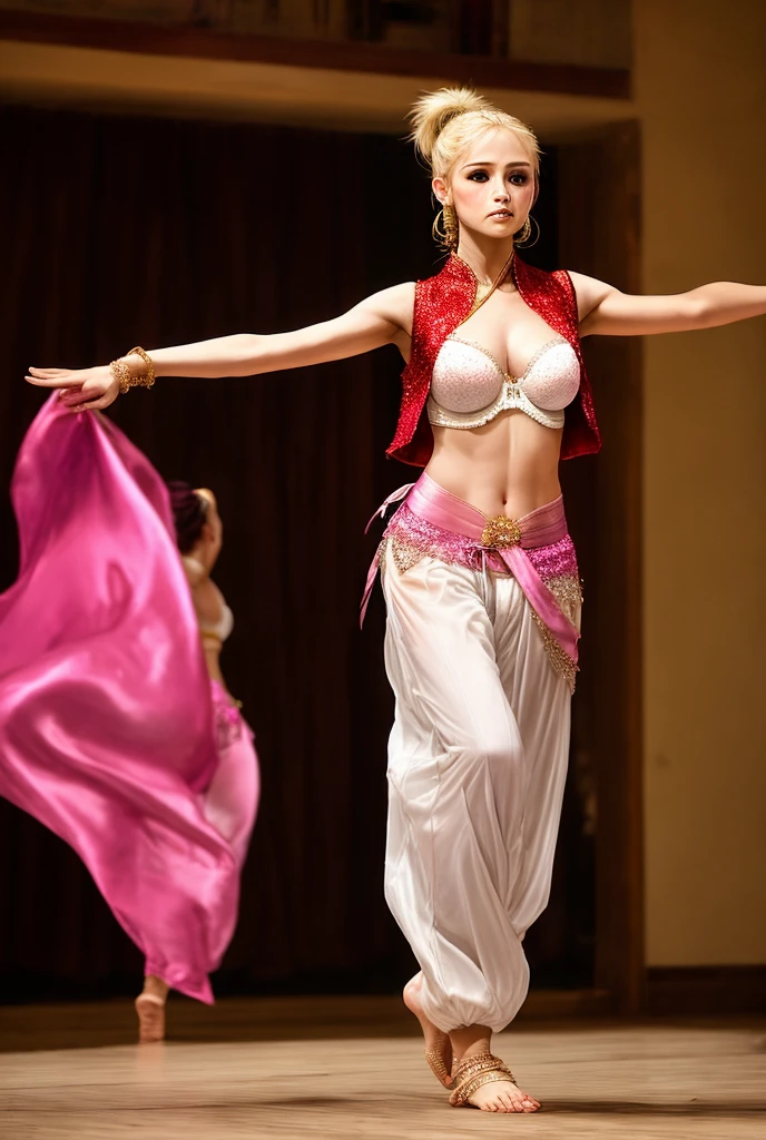 The harem dancer wore a red bolero vest and a pink silk bra adorned with sequins.. Her sheer white baggy harem pants with elastic ankle cuffs. her long blonde ponytail. full body in a Persian-type environment