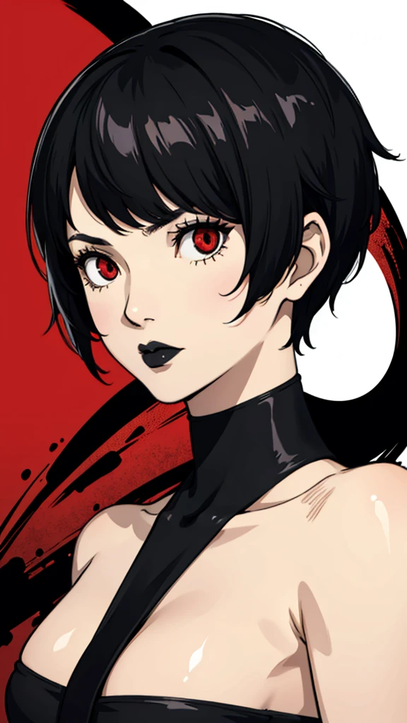 1girl, serious face, red eyes, tomboy Pixie haircut, very Short hair, black hair, bandeau, black lipstick, face portrait