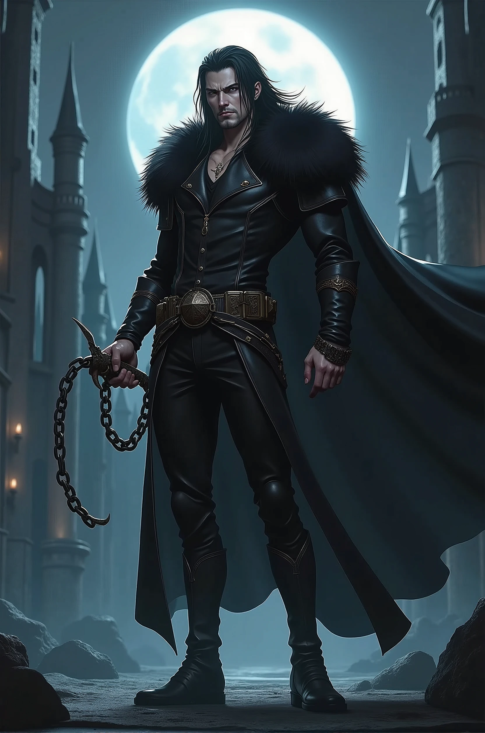 Create the image of a hunter in the style of Trevor Belmont from the anime Castlevania, he must be wearing a chain/whip as main weapon, must have black clothes and a furry cape, all in the style of the anime Castlevania