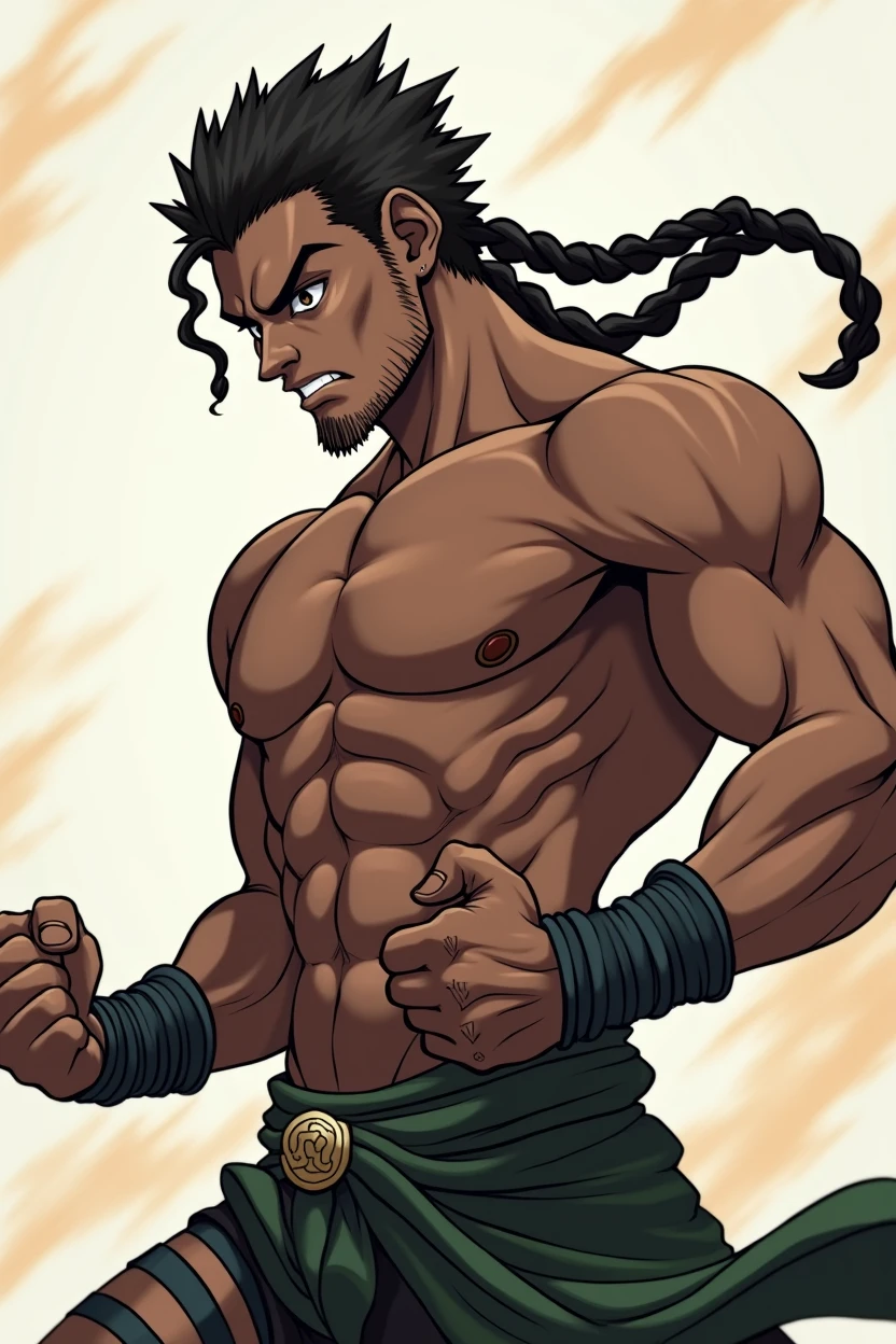 anime style drawing of a shirtless black man character with braided hair in a fighting pose




