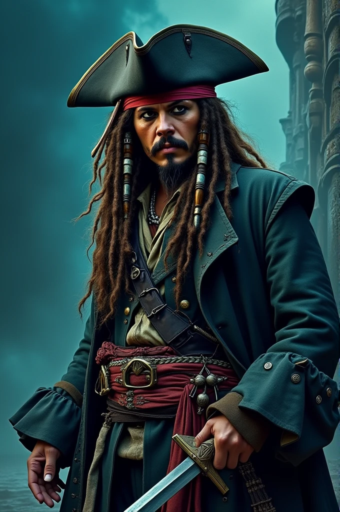 create a jack sparrow art with a background color related to the character, who will be in an iconic pose 