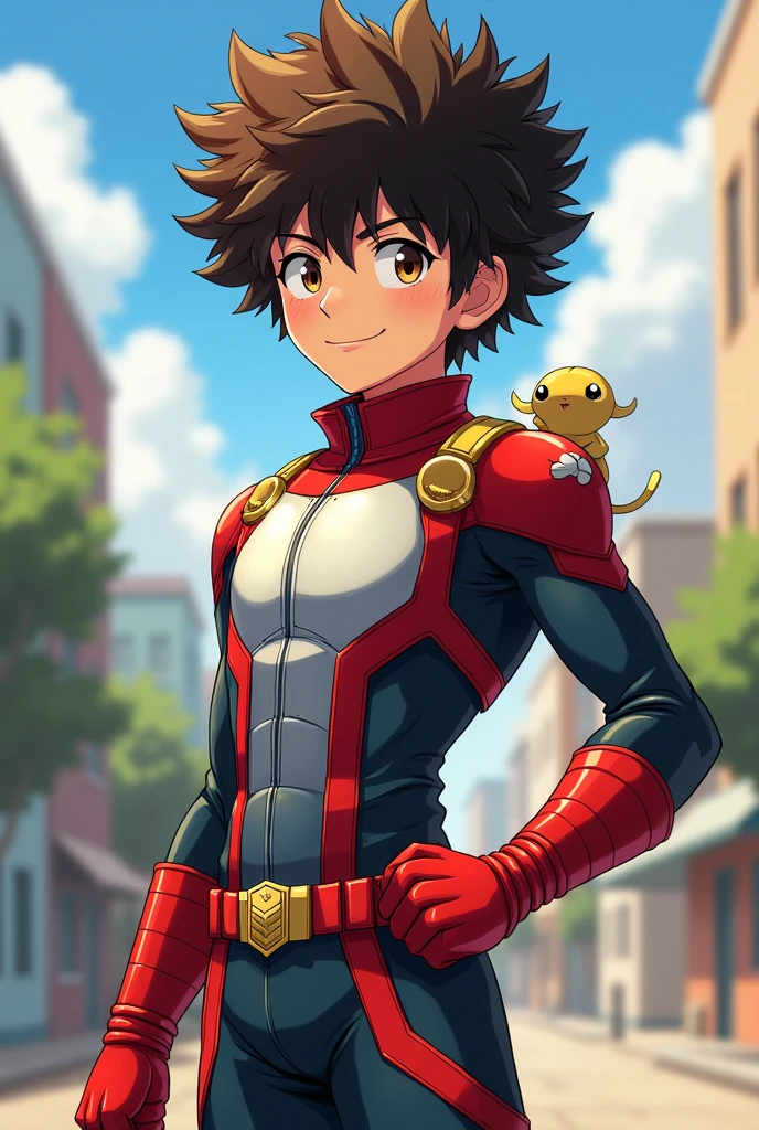 Gender: Male、Looks like a student、The skin color is wheat brown.、eye color is brown,、Her hair is brown and fluffy with a perm.、With a smile on your face、The suit is silver with red accents.、The cat mark is decorated。Special ability is camouflage.、Please make the illustration a little bit My Hero Academia。The pose is cool!!