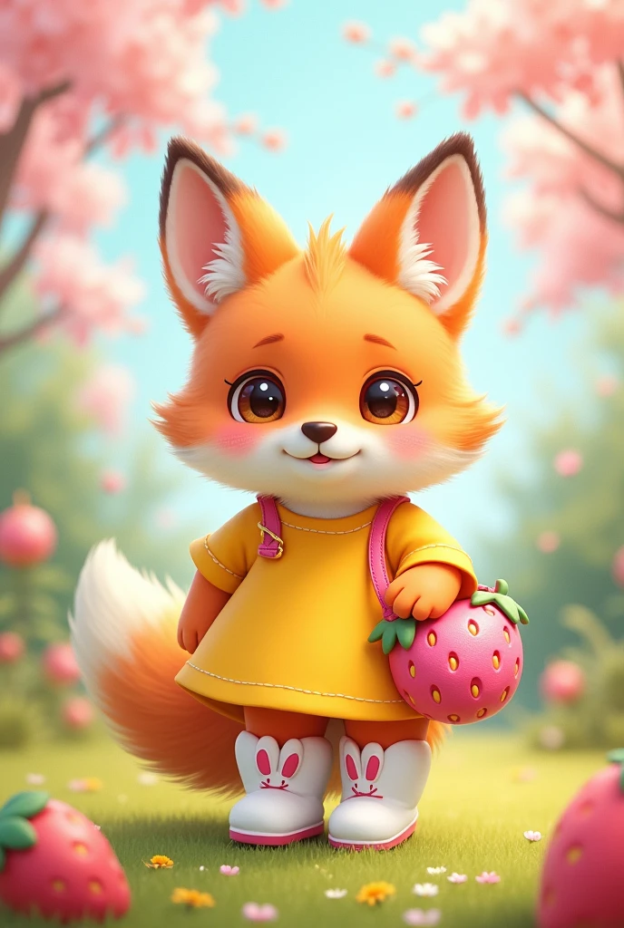Create a cute fox, with a yellow dress and white boots that look like rabbit's feet, and she carries a pink shoulder bag that looks like a strawberry, kpop