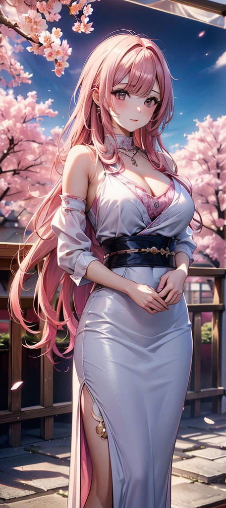 a beautiful detailed woman with long hair,Pink hair, dramatic colors,???????????, (best quality,4k,8k,highres,masterpiece:1.2),ultra-detailed,HDR,UHD,ultra-fine painting,sharp focus,physically-based rendering,extreme detail description,Fantasy,out door,Cherry blossom ,