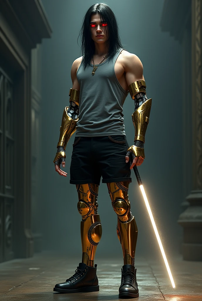 Harry Potter With Red Eyes Long Black Hair Without Glasses Wearing Grey Tank Top Black Shorts And Has Gold Robot Legs And Holding White Wand