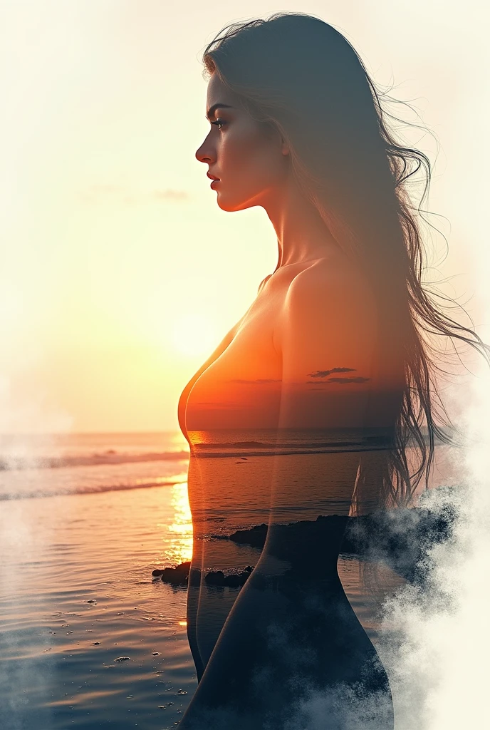 high quality、8K Ultra HD、女神のシルエットとサンセットコーストを組み合わせた美しいDouble Exposure、The Sunset Coast serves as a backdrop.、The details are captured by the Goddess、Crisp lines、The background is monochrome、Sharp focus、Double Exposure、By yukisakura、Amazing full color。
