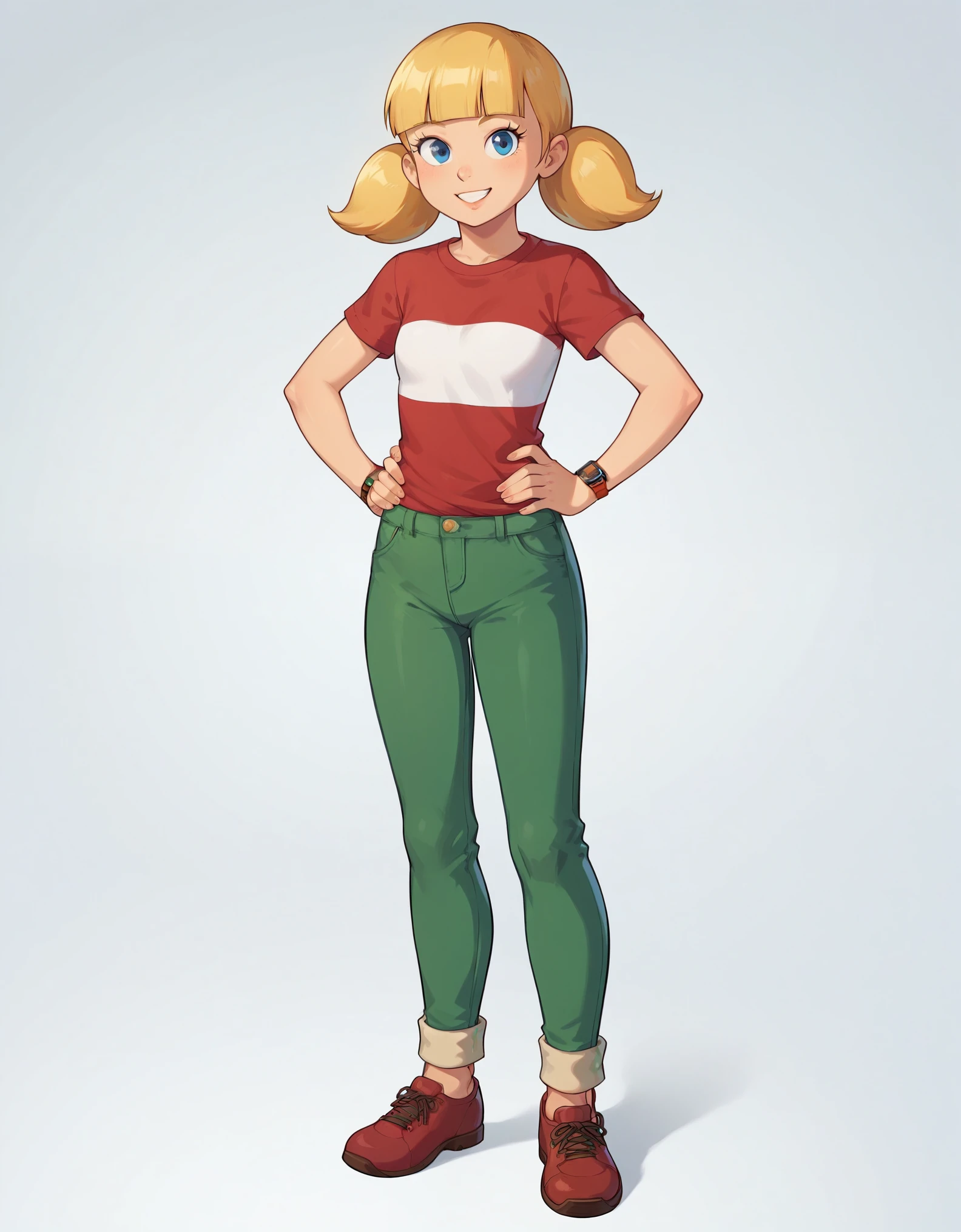 score_9, score_8, score_8_up, score_7_up, sgstyle, BREAK, 1girl, solo, female focus, 1girl, penny_ig, BREAK, 
1girl, penny, blonde hair, twintails, blunt bangs, blue eyes,
red shirt, short sleeves, green pants, reinforced knee, brown shoes, wristwatch,
hands on hips, standing, full body, smile, looking at viewer, solo, simple background, white background   