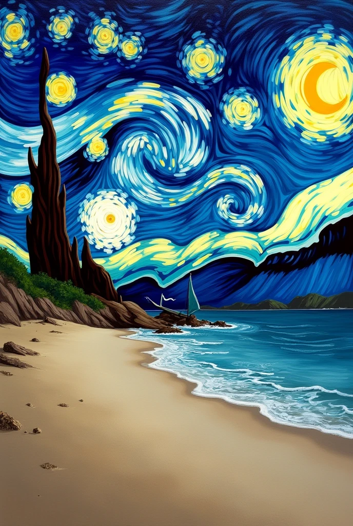 Starry night by van Gogh with beach more realistic 
