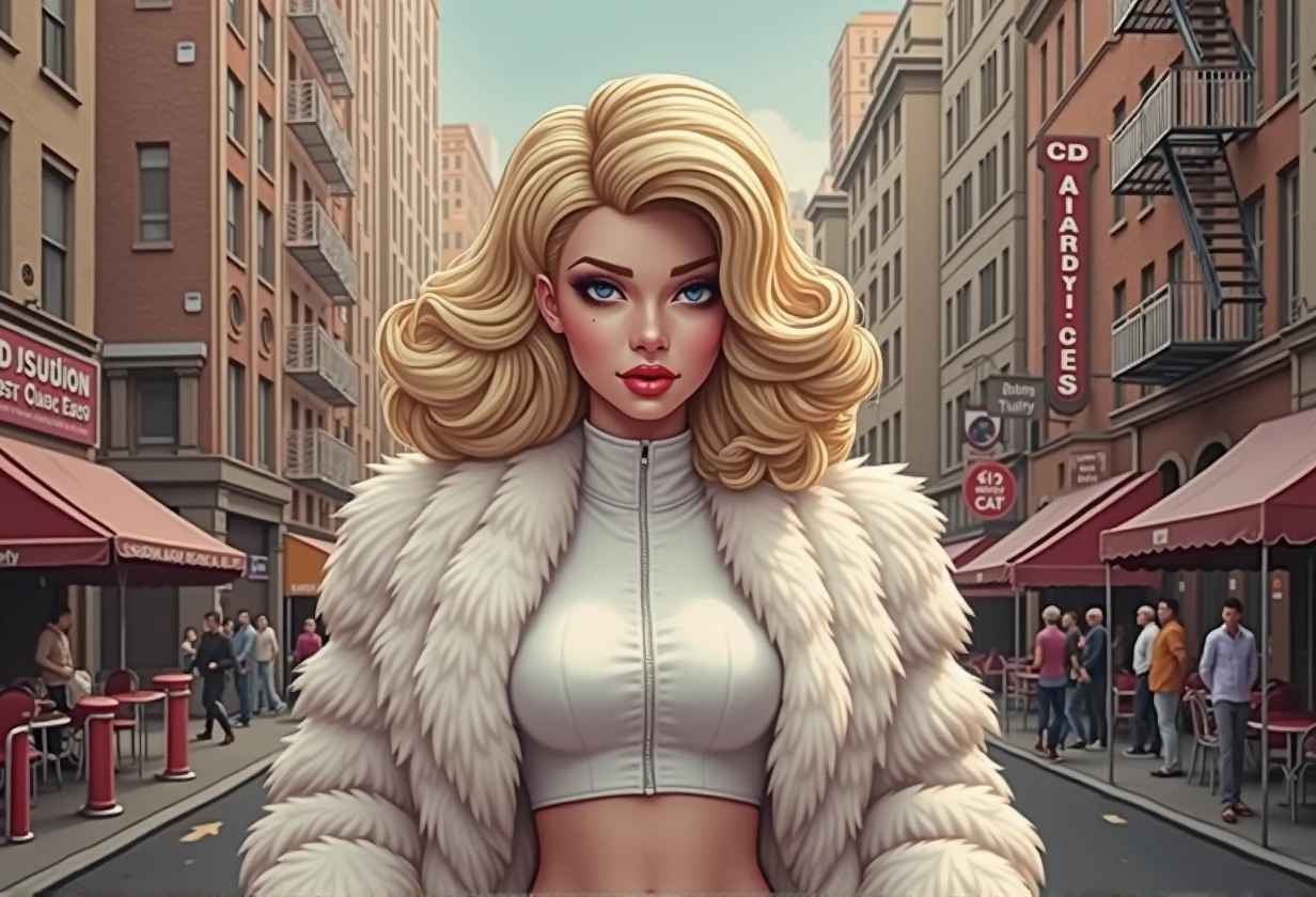 1girl, crop shirt, fluffy voluminous fur coat, new york background, outdoo, beehive hairstyle,best quality, ultra high res, photorealistic, huge fake breasts big lips bimbo