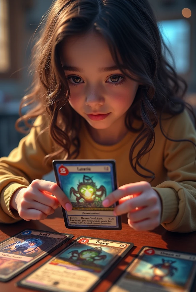 masterpiece, Highest image quality, realistic photo, Raw photo, full body photo, (monster card game, card size is big, girl play the monster card game, she pick up 4 cards, cards image reflect to background,)