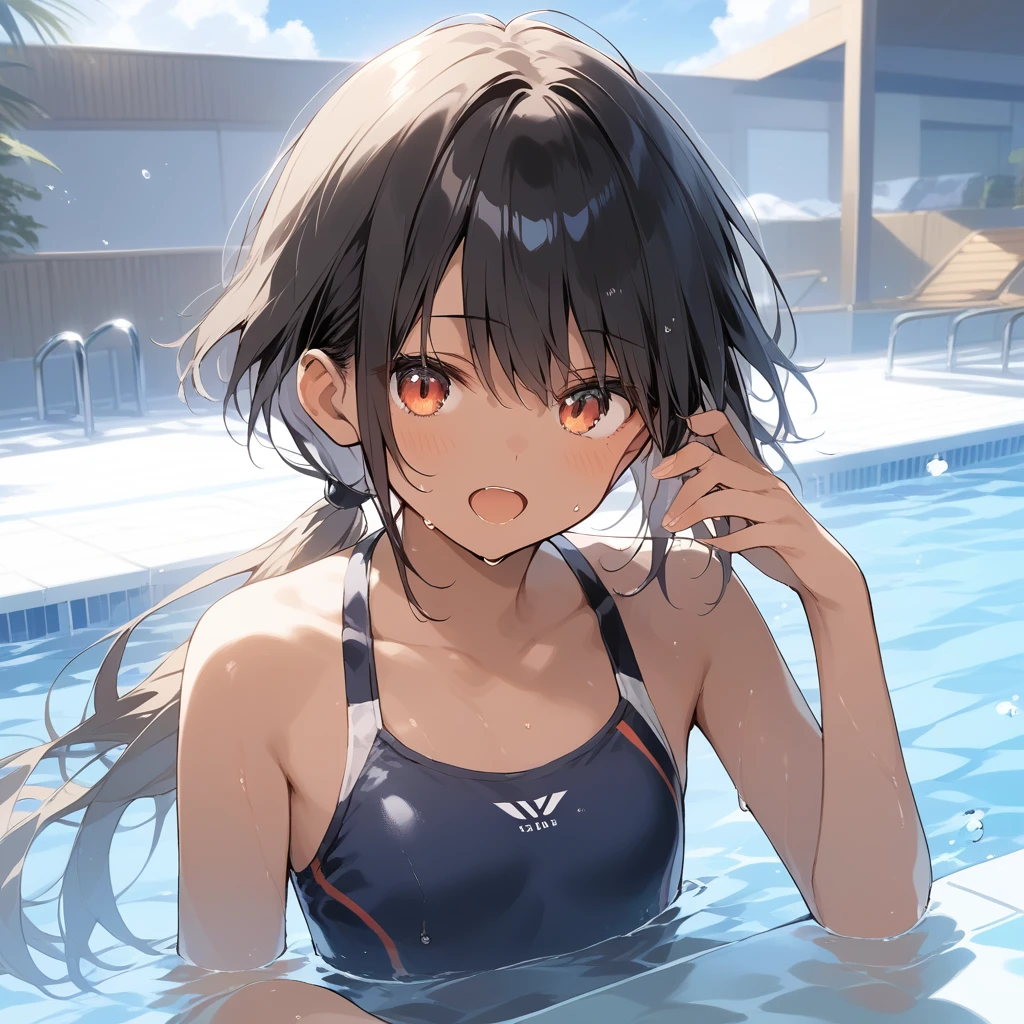 score_9, score_8_up, score_7_up, source_anime, best quality, masterpiece, official art, absurdres, highres, ultra-detailed,waifu2x,Collection: Slice of Life,break,1girl, tomboy, dark-skinned female, short hair, low ponytail, flat chest, groin, beautiful detailed eyes, swimsuit, sweat, open mouth, (yawn:0.3), sleepily, pool, outdoors, wind,break,(clear line illustration:1.2), super detailed skin,very high resolution, very aesthetic, Best sexual lighting powered by famous artist, 8k, cute picture,beauty illustration,photoshop_(medium),,(Detailed Lighting),best anime 8k konachan wallpaper, pixiv contest winner,