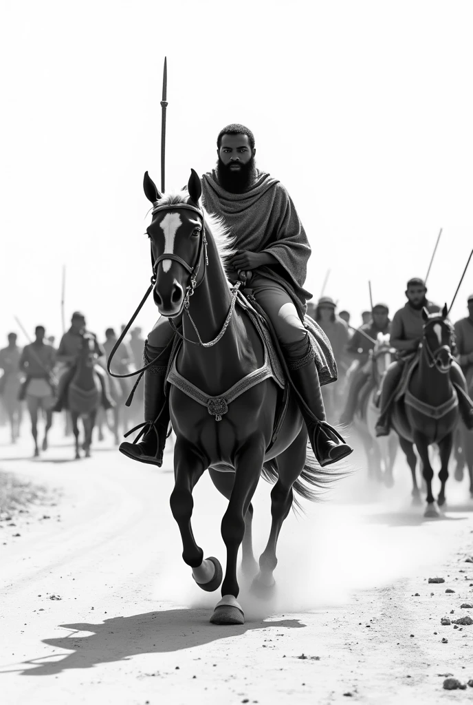 a black and white image that contains a aggressively running african king on battle riding horse and also his crowed lot people followng him als the image should contains a white background
