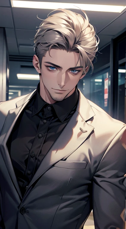 (best quality,4k,8k,highres,masterpiece:1.2),ultra-detailed,(realistic,photorealistic,photo-realistic:1.37),1 man,31 years old,mature man,very handsome,without expression,smile,short grey hair,blue eyes,penetrating gaze,perfect face without errors,imposing posture,businessman,office background,cinematic lighting,hdr image