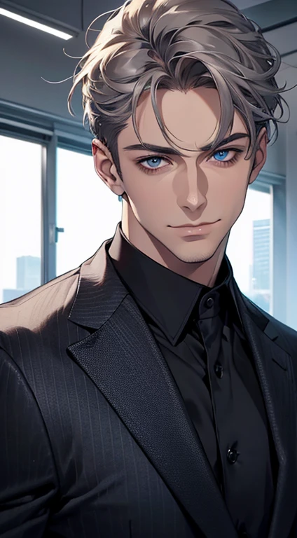 (best quality,4k,8k,highres,masterpiece:1.2),ultra-detailed,(realistic,photorealistic,photo-realistic:1.37),1 man,31 years old,mature man,very handsome,without expression,smile,short grey hair,blue eyes,penetrating gaze,perfect face without errors,imposing posture,businessman,office background,cinematic lighting,hdr image