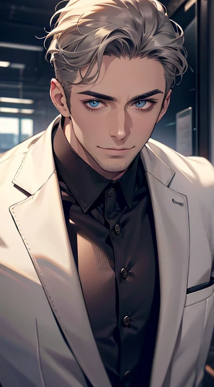 (best quality,4k,8k,highres,masterpiece:1.2),ultra-detailed,(realistic,photorealistic,photo-realistic:1.37),1 man,31 years old,mature man,very handsome,without expression,smile,short grey hair,blue eyes,penetrating gaze,perfect face without errors,imposing posture,businessman,office background,cinematic lighting,hdr image