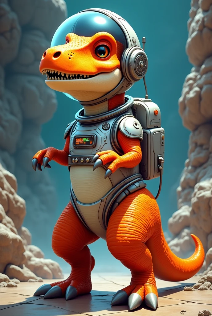 An orange T-rex dinosaur dressed as an astronaut to be a company mascot