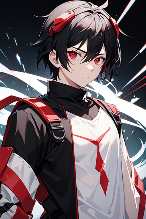Anime boy with black hair and red eye wearing a white transparent goggles and white t shirt with black full shirt on it