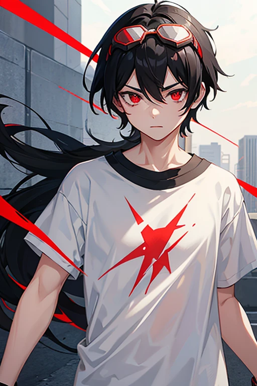 Anime boy with black hair and red eye wearing a white transparent goggles and white t shirt with black full shirt on it 