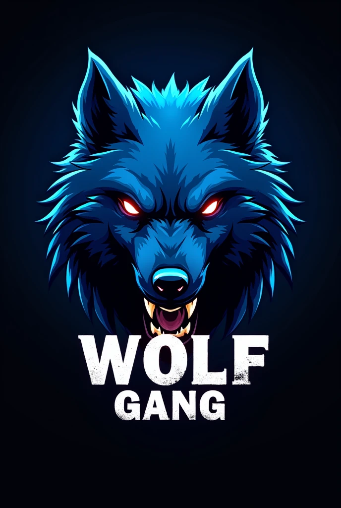 angry blue wolf face logo with dark background saying “wolf gang”