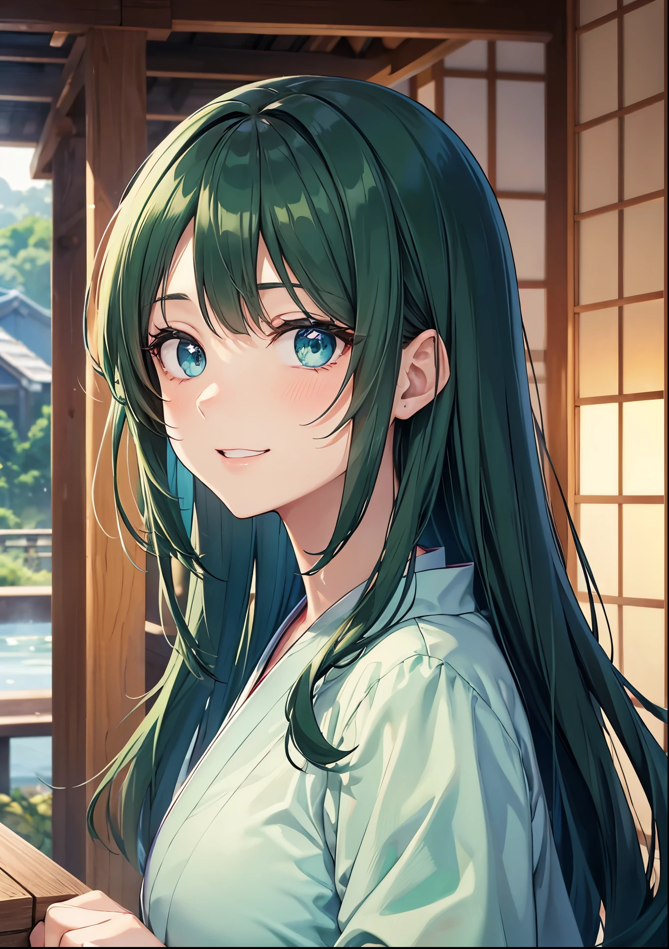Voluminous dark green hair, dark green hair, long straight hair, big droopy eyes, blue eyes, drooping eyes, looking at me shyly, sparkling eyes, focus on face, fresh smile, big droopy eyes, blue eyes, helping at onsen ryokan, wearing green yukata,. 5 fingers, both hands. background without shadow, high quality, background without shadow, focus on face.