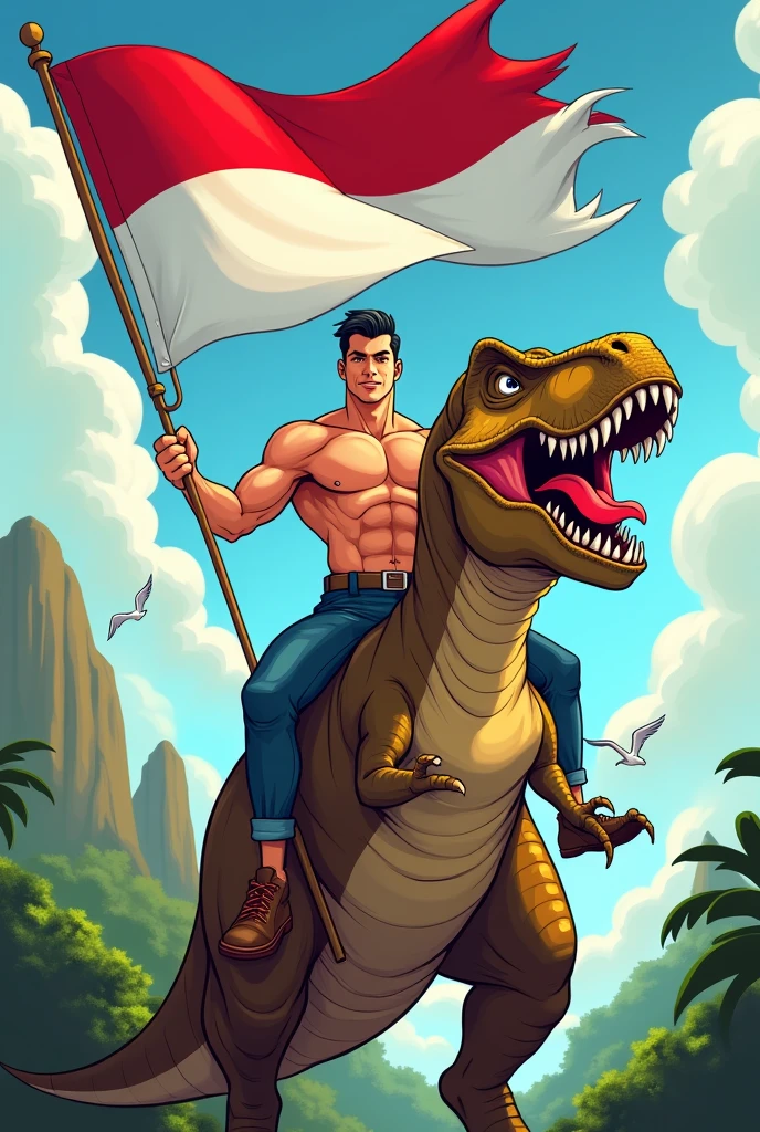 cartoon handsome man riding a t-rex holding the indonesian flag, the atmosphere of independence on august 17th