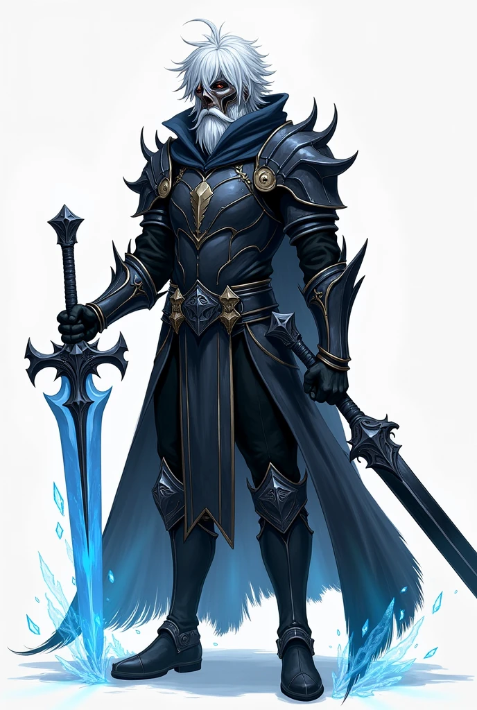 An anime character who is a magic knight, half ice and half shadows, on your face half a mask of bones White hair and half a mask of bones Show half of your face with a lumberjack beard Looking like a 17 year old, 
The mask only on the left side Only white hair and black beard Remove the beard Full body image Wearing black armor, and in each hand an ice sword another black one Wearing black shoes and armor on the legs
