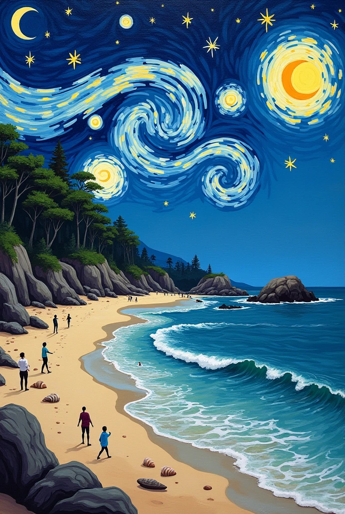 Starry night by van Gogh with beach more realistic 
