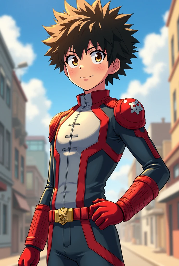 Gender: Male、Looks like a student、The skin color is wheat brown.、eye color is brown,、Her hair is brown and fluffy with a perm.、With a smile on your face、The suit is silver with red accents.、The cat mark is decorated。Special ability is camouflage.、Please make the illustration a little bit My Hero Academia。The pose is cool！！So that the whole body can be seen