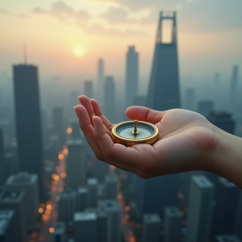 create A female hand holding a compass in a modern urban environment. The background could be a city at dawn, suggesting new possibilities and paths. The color palette may include shades of gray, blue and a light touch of gold.