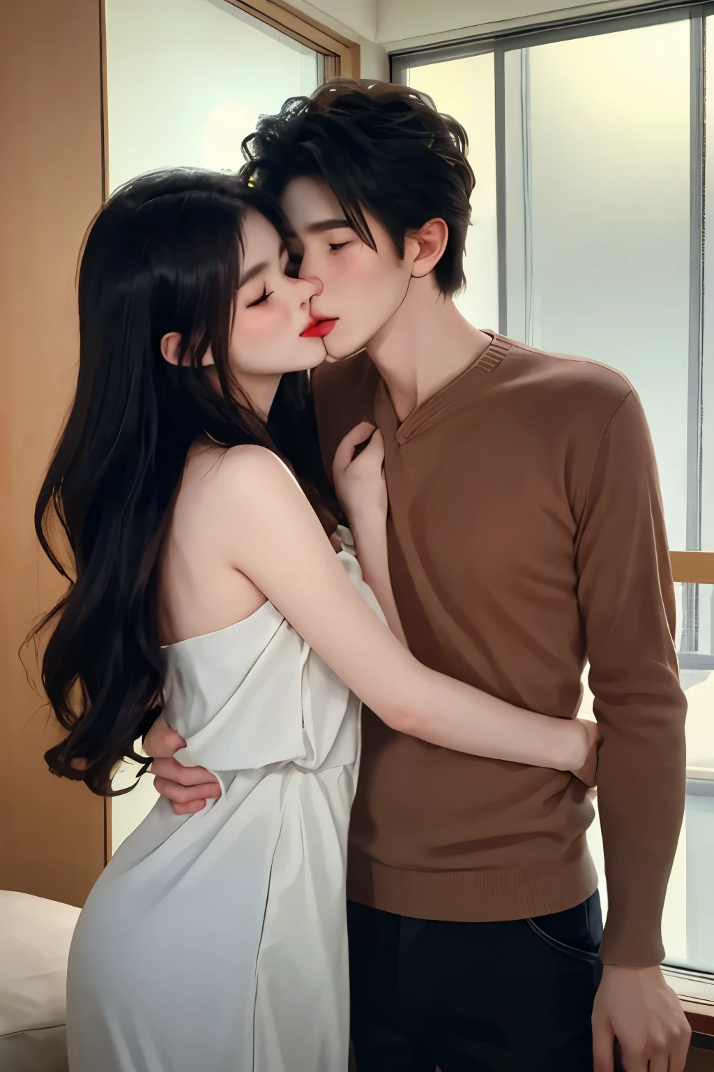 mom,A beautiful young lady in her 20s,Handsome young son aged 10,hug,Kissing naked,