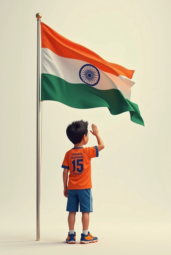 Boy saluting indian flag wearing a indias sport tishart, " SHOURYA 
HARDWARE"
 Name on t-shirt back said, back said view 15 August text on t-shirt