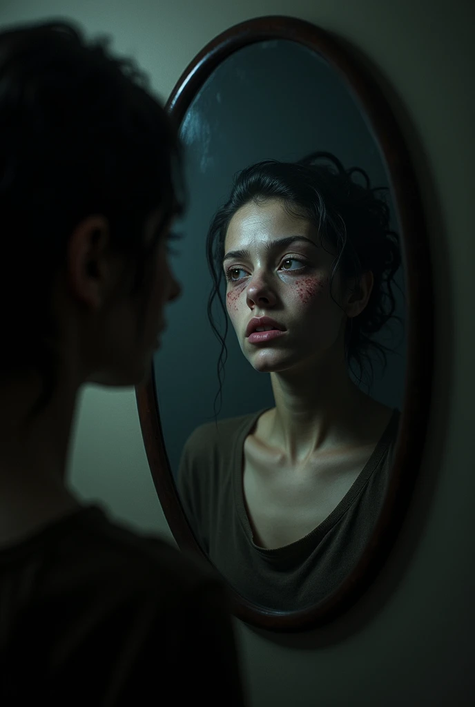 An individual looking at her reflection in a mirror where the reflection shows a distorted and dark version of herself representing the struggle with inner demons.