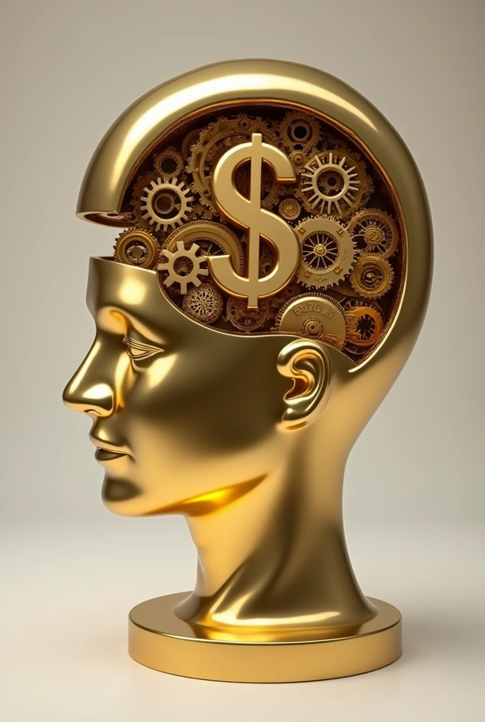Gold statue showing inside mans head with a dollar sign