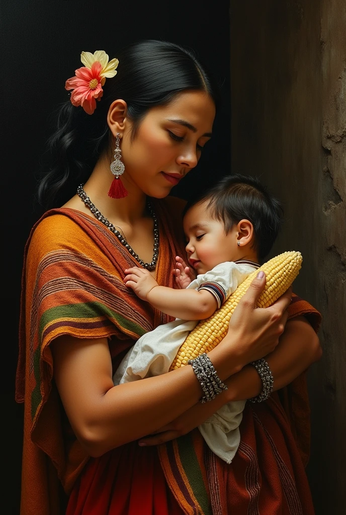 masterpiece, realist, high contrast, Caceres angel painting style, Mexican Rarámuri indigenous woman, with Mexican woven shawl, and held a corn cob,breastfeeding your baby, style work of angel of caceres, dark background, Abraham bloemaert, Rembrandt, Black background