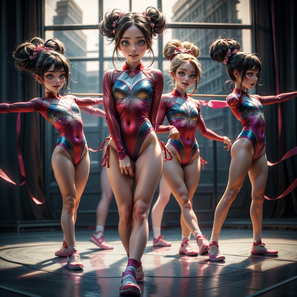 ExtremelyDetailed (((Rhythmic Gymnastics Team Kawaii Kids in a row:1.4))), Childish perfect face, Reflective Eyes, Detailed(Delicate Clothing textures), Corrected Leg to Foot Line, Corrected Perfect Hand, Dynamic Joyful Expressions LifeLike Rendering, ((Specular Reflection:1.28)), TopQuality 8K Ultra-detailed masterpiece (ProfessionalPhoto:1.37)(Acutance:0.8),(Luminism:1.22),