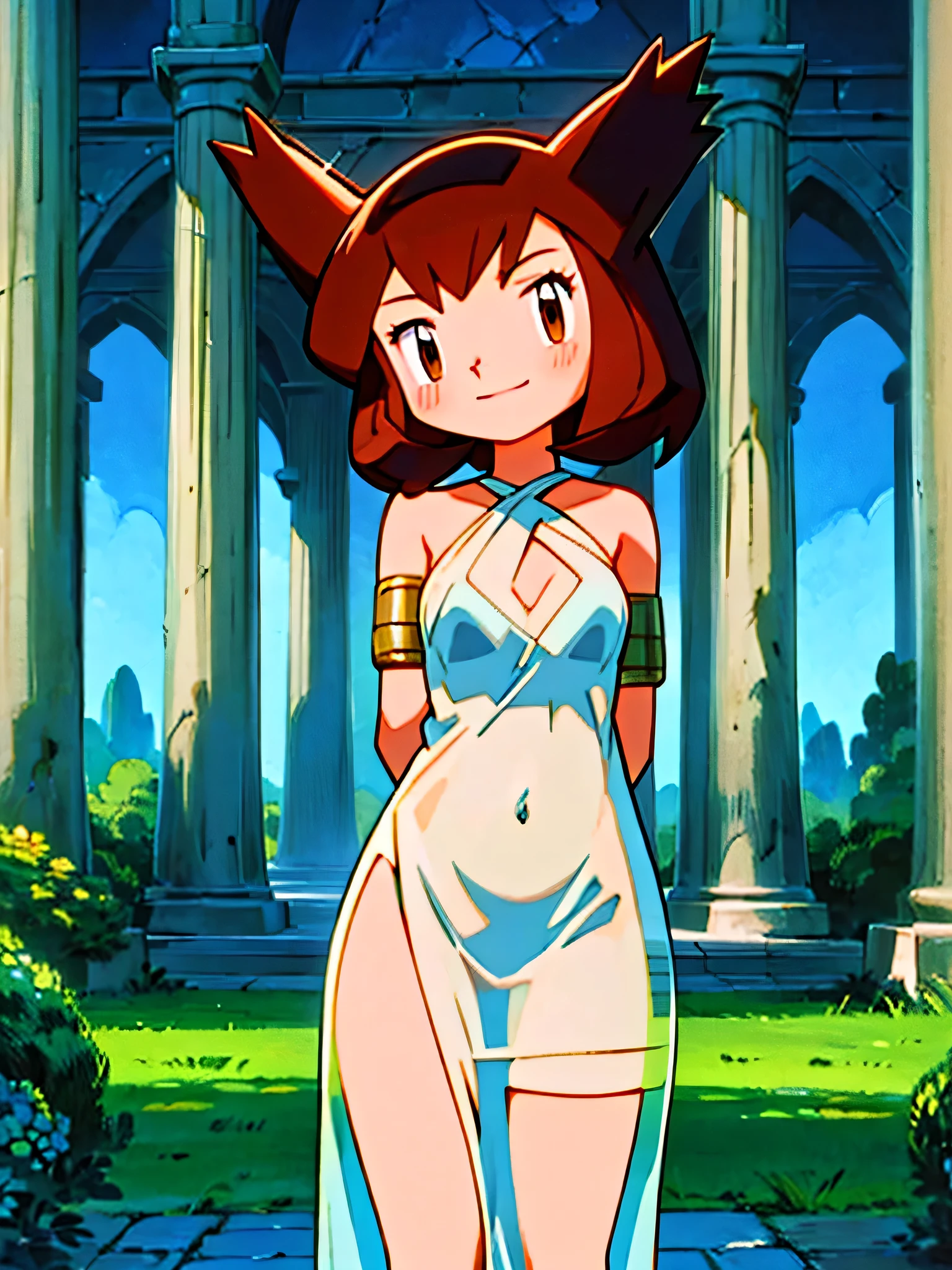 masterpiece, best quality, ultra-detailed, illustration, beautiful detailed eyes, very detailed illustration, cinematic lighting, 1 girl, solo, Pokemon Heroes (Bianca), Brown Hair, brown eyes, bare shoulders, greek clothes, peplos, armlet, see-through, arch, pillar, column, architecture, overgrown, blue sky, arms behind back, smile Close up, looking at viewers, far from the bottom
