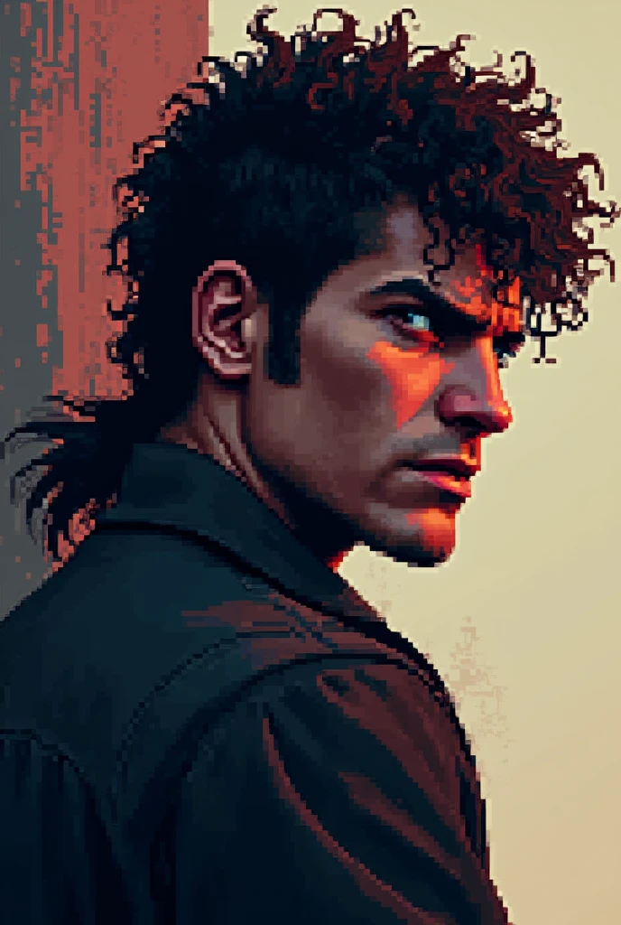 Character from an assassin video game , The character who has a mullet cut and curly hair and is a man who looks like he has old video game graphics, the image is in pixel design , and it is for a profile photo
