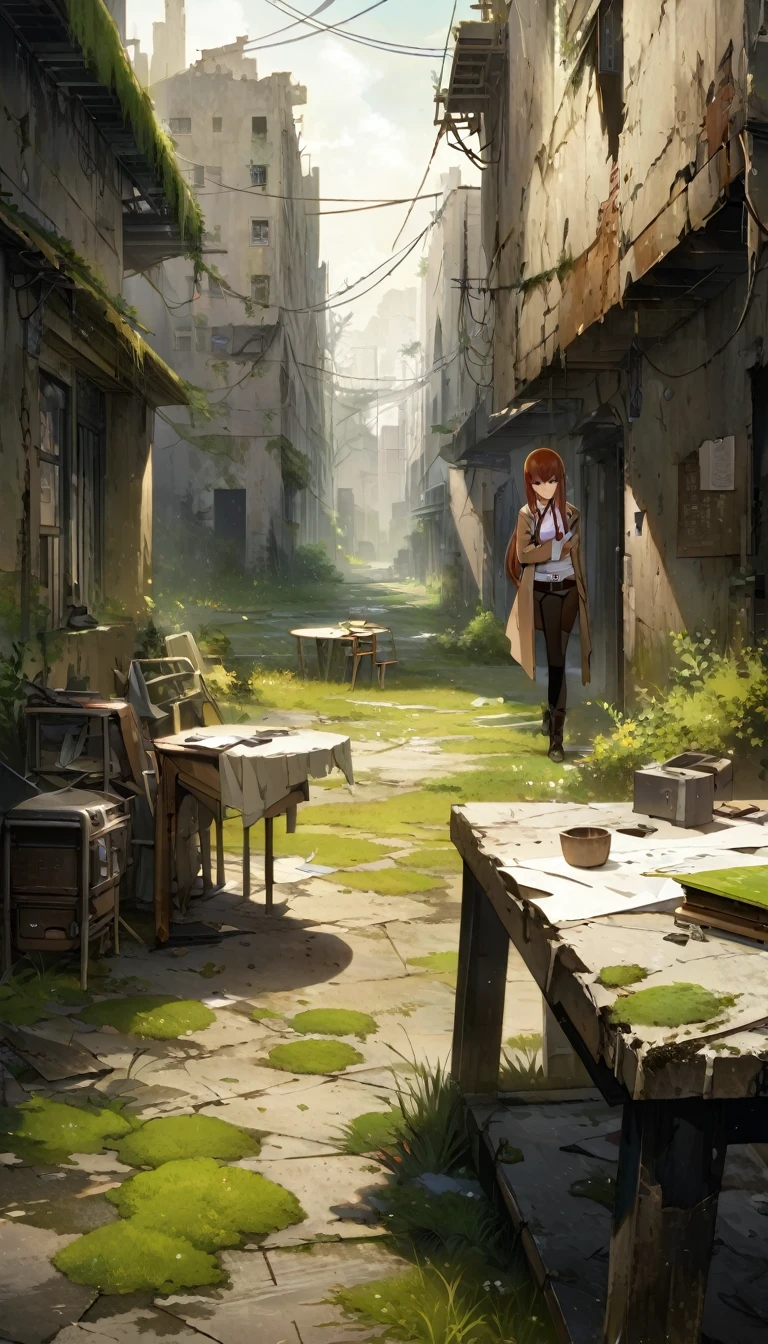 One girl, (makise kurisu, Steinsgate),(((masterpiece))), ((Highest quality)), (Super Detail), (CG illustration), (so beautiful)), Concept art of a post-apocalyptic world with ruins, Lush vegetation, Flat Chest，((The only surviving girl))，The content is very detailed,Detail view，anime，masterpiece，Dilapidated building right sun，Dilapidated classrooms，Shabby table，Broken chair，open air，(Covered in moss and grass)，three、Four&#39;Afternoon Clock，((Remains))，((A girl is sitting in a classroom and looking up into the distance)),side，uniform，Twisted Braid，Vanishing Point, Outlook, Light，Close-up shot