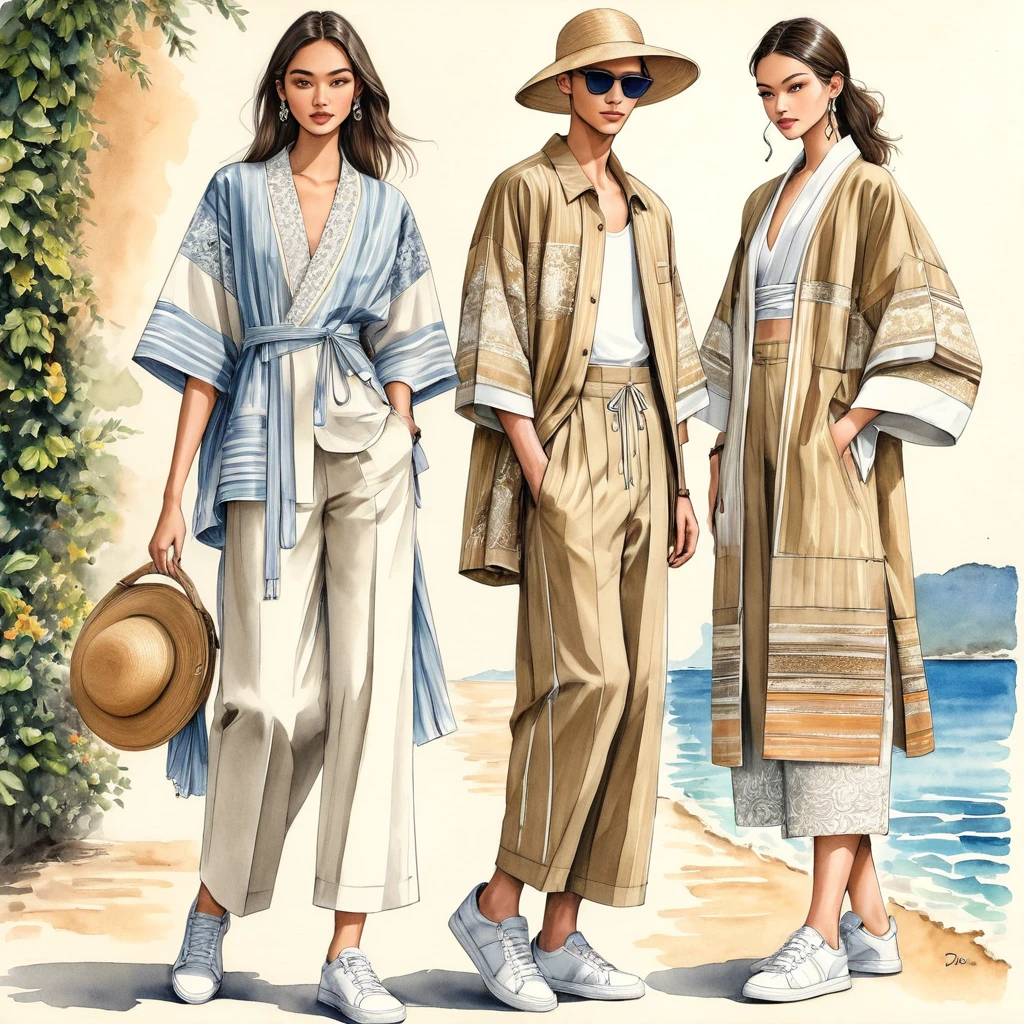 candid fashion illustration a group of young man and girl, aged 18-23 year old, tall and slender, Mixed race super model, ((showcase fashion in a cotton outfits inspired by designer Christian Dior resort collection)), in elegant modern Trible style with ((ethnic woven details)), natural dye Earth tone color. The 1st man wears an oversized shirt with Trible embroidery and lace details, paired with slim-fit Pants, semi hard bugle. The 2nd man complements him in a white and beige striped shirt, over side patchwork Yukata, paired with big striped short with drawstring, side entry pockets, completes the look with white sneakers and sunglasses. the woman wearing a long dress in cotton woven ethnic pattern detail, frill-trimmed with lace, Her ensemble includes a wide-brimmed straw hat, white sneakers. Captured all in a ((full-body pose)), ((pencil color mixed with water-color drawing style on white blank paper)), realistic pencil lines, imperfect drawing, charcoal lines detail, fading sketch, fashion Sketching, fashion illustration, low angle view, (full body image), fashion sketching book.