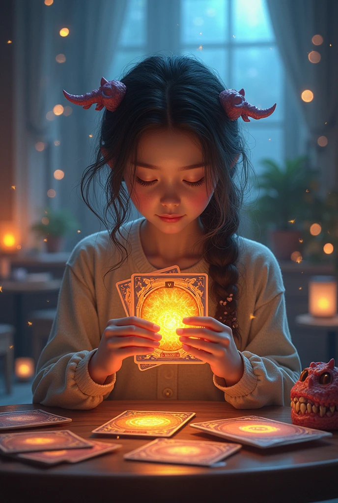 masterpiece, Highest image quality, realistic photo, Raw photo, full body photo, (monster card game, card size is big, girl play the monster card game, she pick up 4 cards and summon monster, card monster in background,)